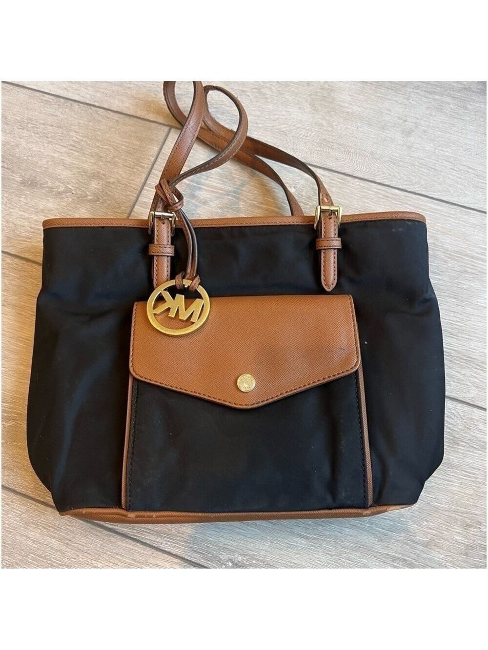 Michael Kors jet set medium black canvas and leather logo multi pocket purse